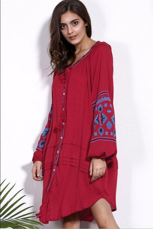 2018 new arrival Ethnic style embroidery Loose-breasted lace dress