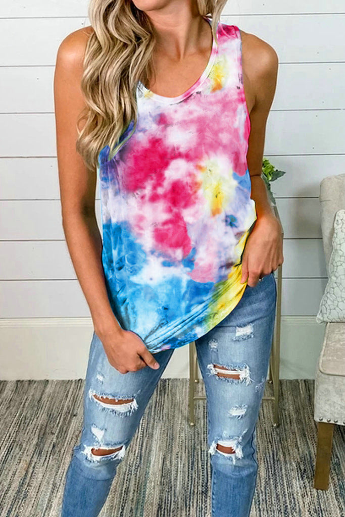 Spring Hand Tie-dyed Colorful Explosive Tops Round Neck Sleeveless Tie-dyed Kink Casual Women's Tops