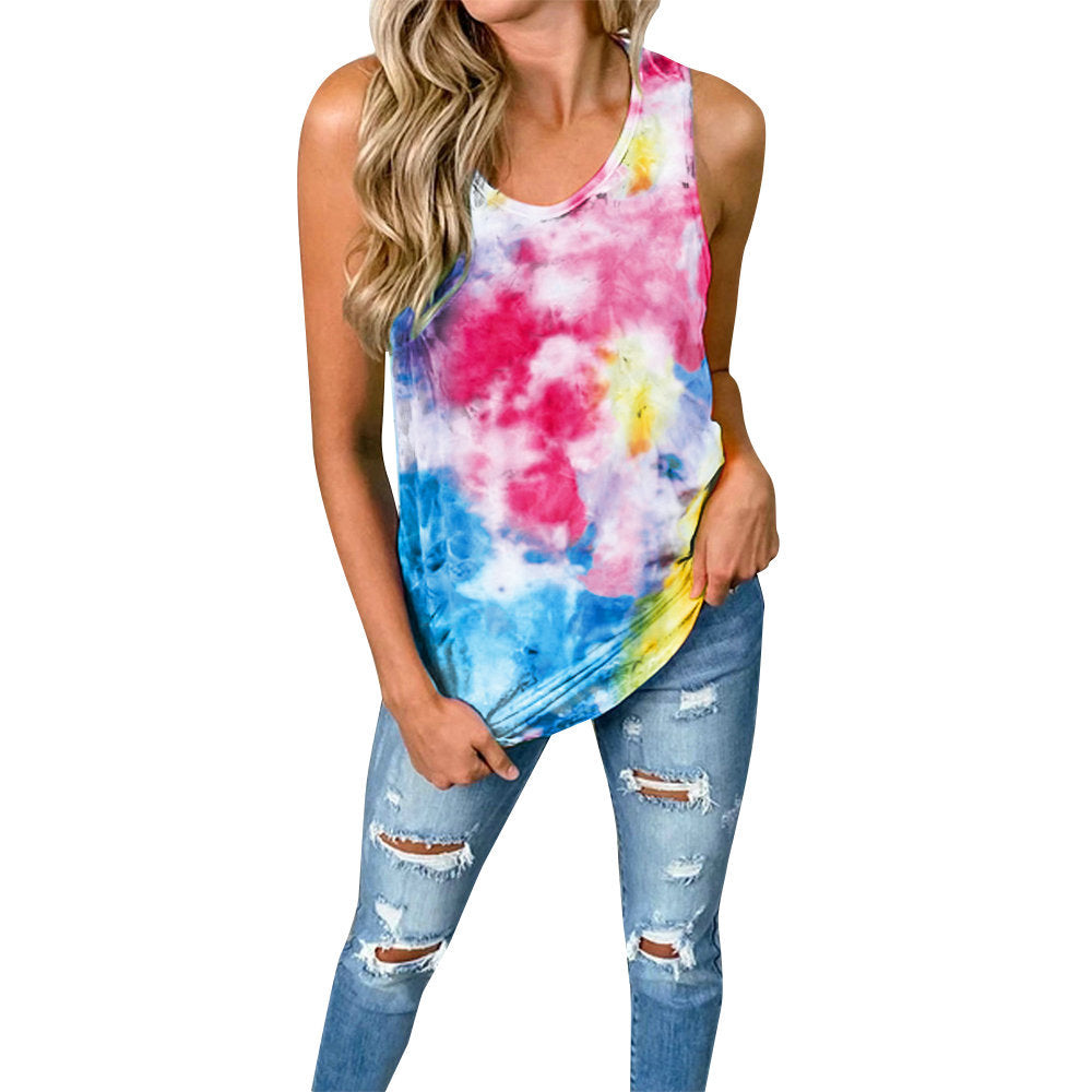 Spring Hand Tie-dyed Colorful Explosive Tops Round Neck Sleeveless Tie-dyed Kink Casual Women's Tops