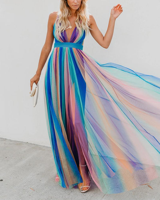 Sexy deep V rainbow mesh sling dress