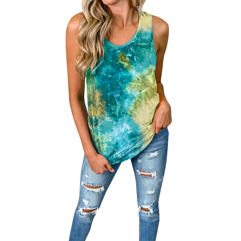 Spring Hand Tie-dyed Colorful Explosive Tops Round Neck Sleeveless Tie-dyed Kink Casual Women's Tops