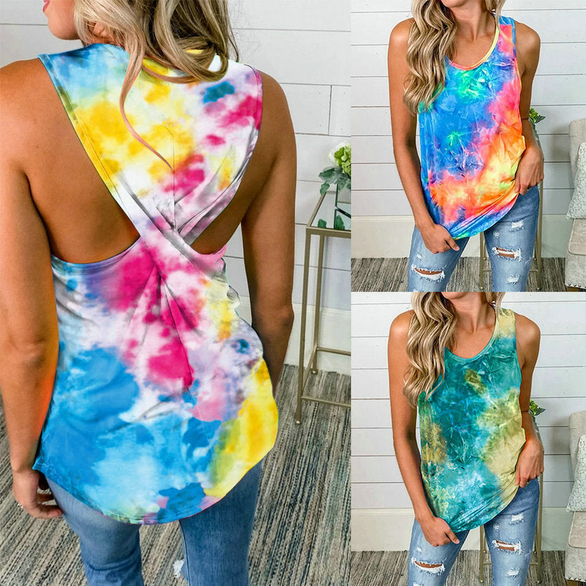 Spring Hand Tie-dyed Colorful Explosive Tops Round Neck Sleeveless Tie-dyed Kink Casual Women's Tops