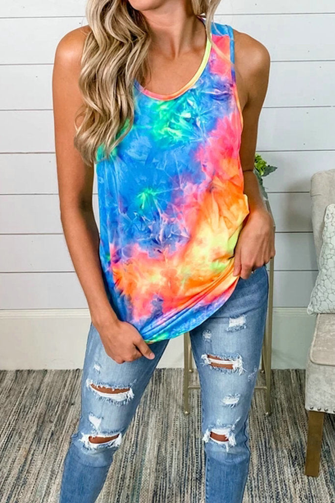 Spring Hand Tie-dyed Colorful Explosive Tops Round Neck Sleeveless Tie-dyed Kink Casual Women's Tops