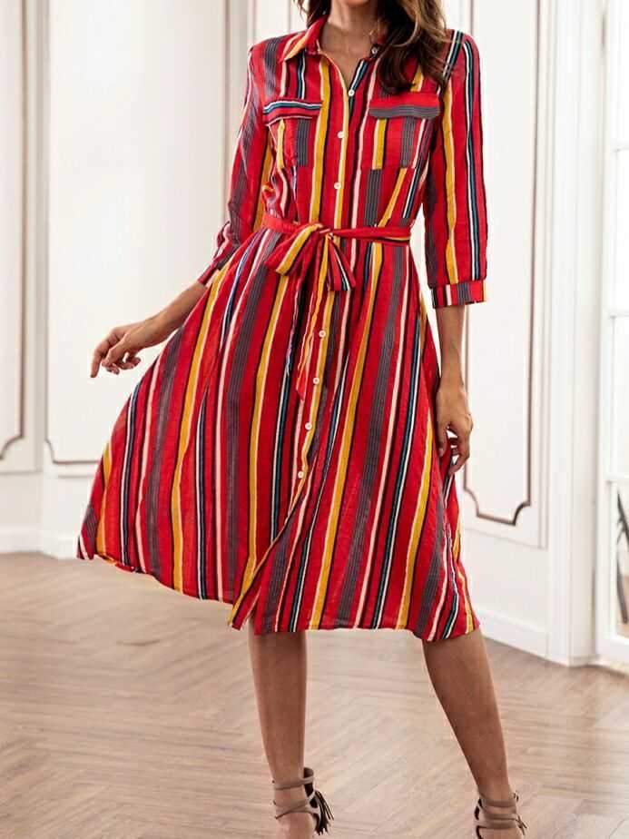 Spring Casual Stripes Lapel Shirt Midi Dress