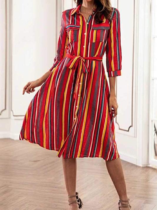 Spring Casual Stripes Lapel Shirt Midi Dress