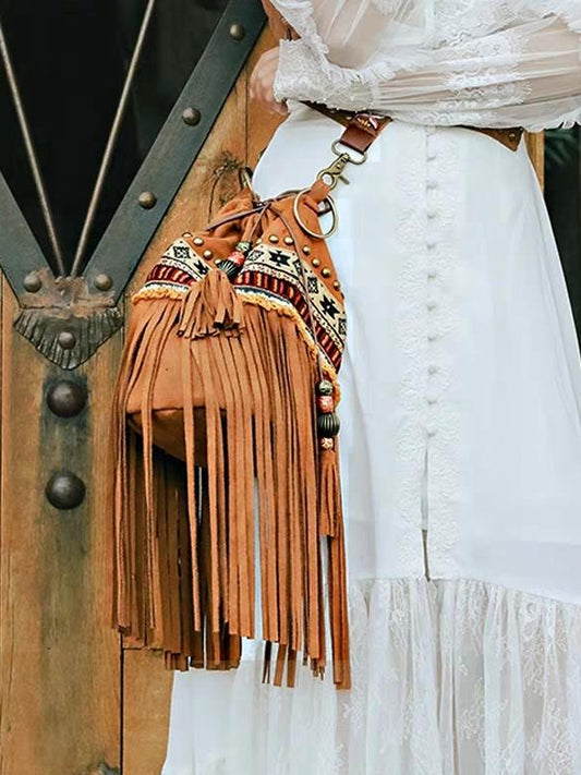 Bohemian Brown Beaded Embroidered Tassel Bucket Bag