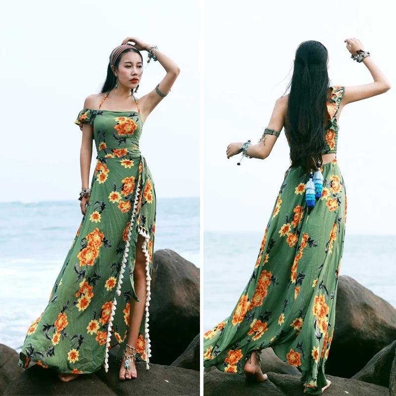 Bohemian Beach Long Skirt with Split Irregular Seaside Halter Strap Print Dress