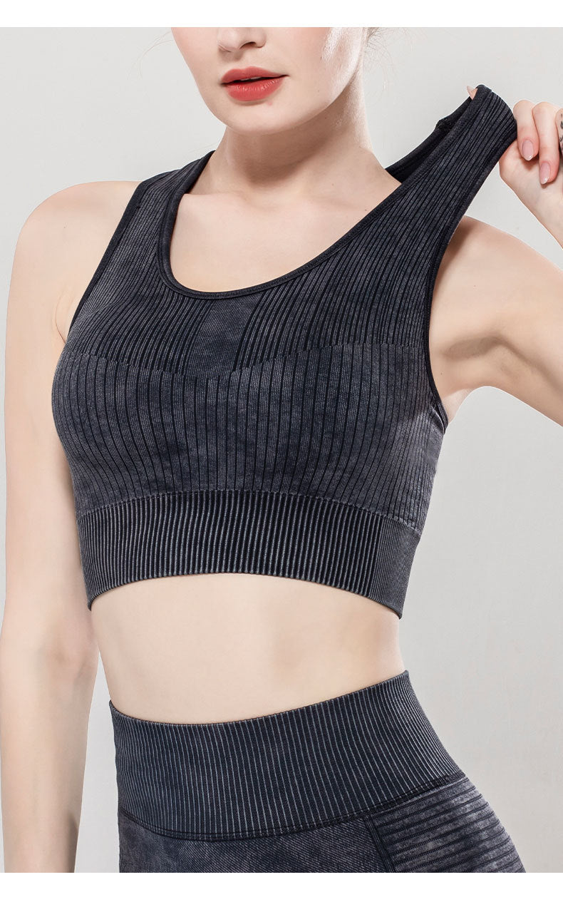 Solid Color Seamless Sports Bra High Elastic Jacquard Print Washed Sleeveless Open Navel Vest Tight Sports Yoga Top for Women