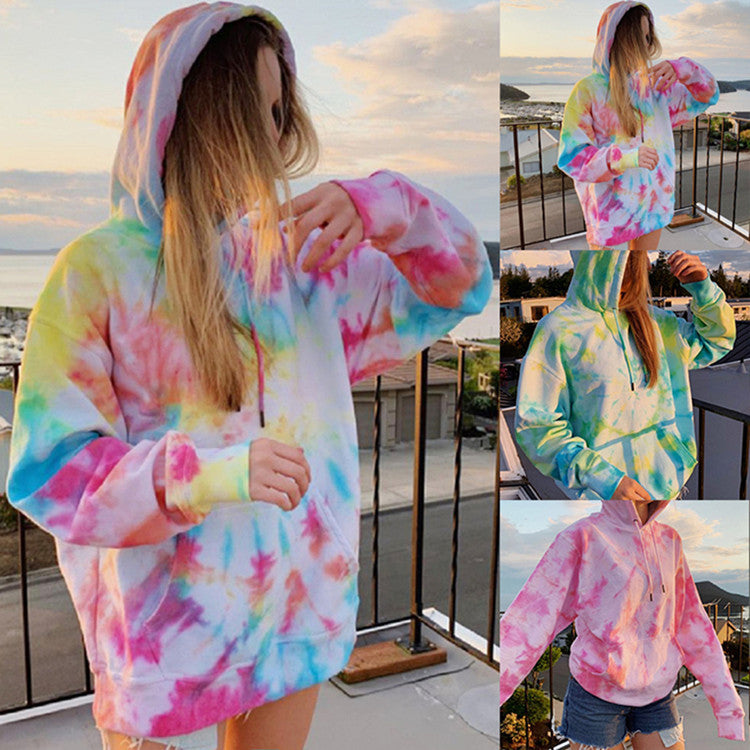 Women's New Loose Hooded Tie-dye Printed Casual Sweater Coat Jacket