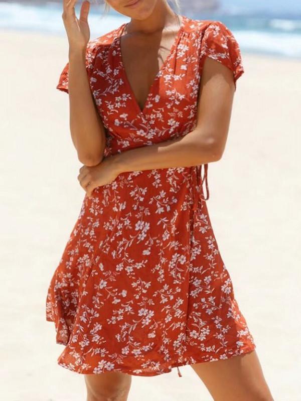 Popular Floral-Print Petal Sleeve Side Lace-Up Mini Dress