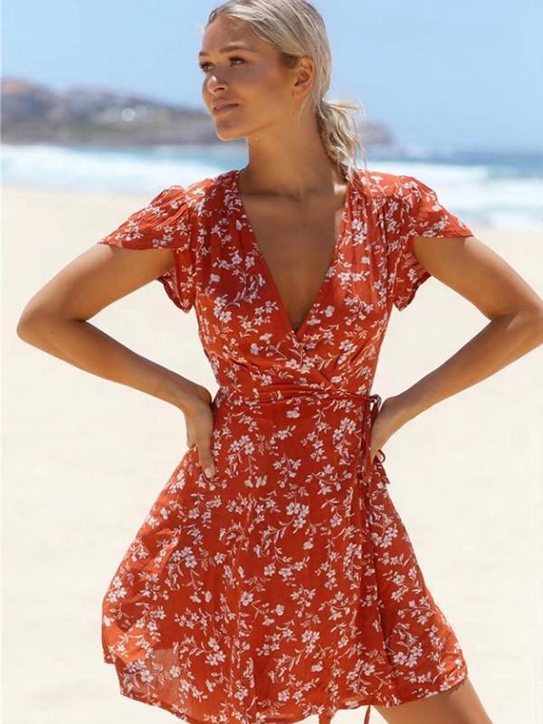 Popular Floral-Print Petal Sleeve Side Lace-Up Mini Dress