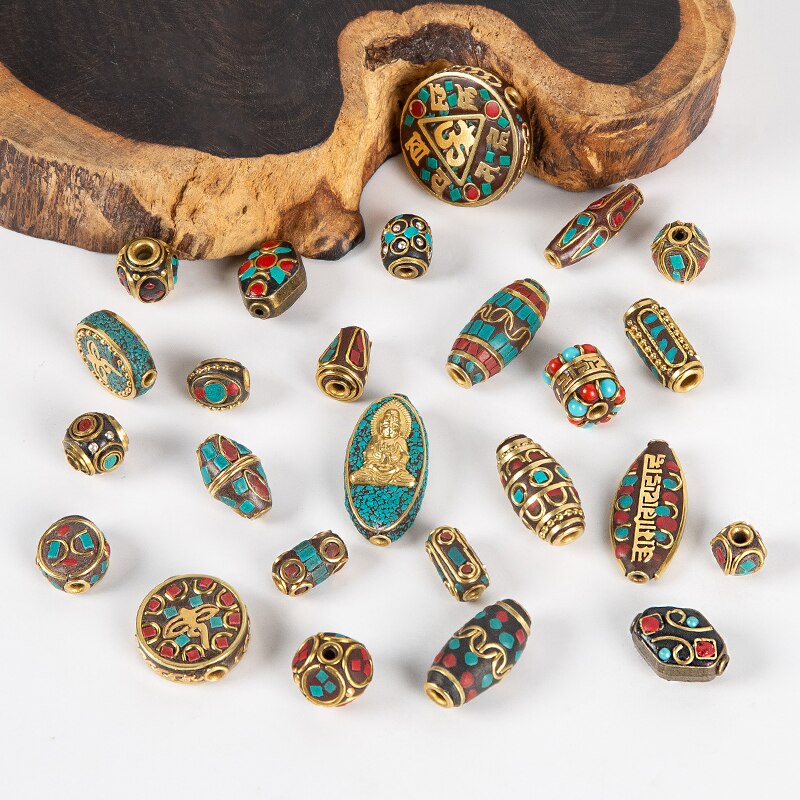 1Pc 15 Styles Retro Nepal Beads Handmade Red Coral Tibetan Bead Antique Golden For Jewelry Components Making DIY Bracelets
