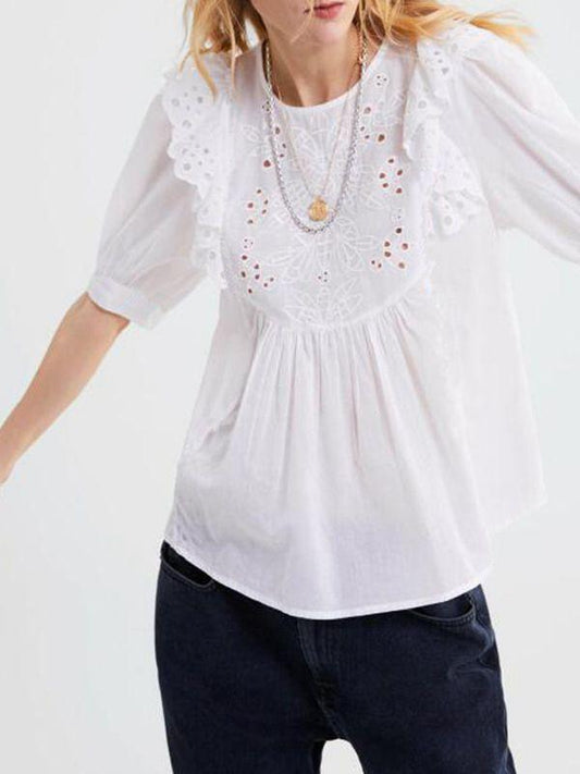 Half Sleeve Loose Solid Color Hollow Round Neck Lace Top