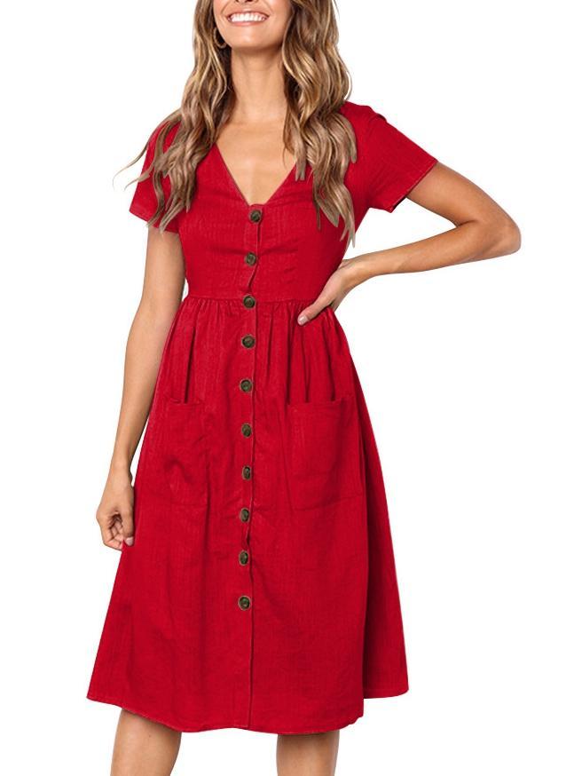 Summer Solid Color Short Sleeve Button Midi Dress