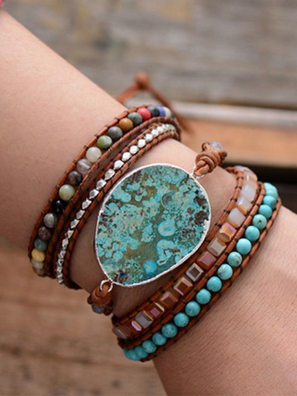 Bohemian Handmade Natural Stones Leather Wrap 5 Layer Bracelet