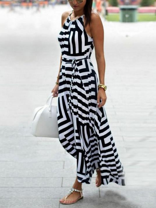 Sexy Stripe Sleeveless Irregular Maxi Dress