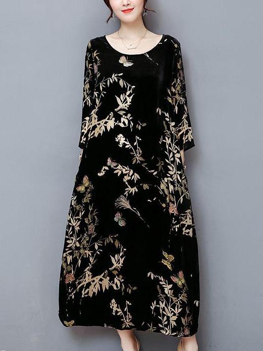 Velvet Print Round Neck Loose Maxi Dress