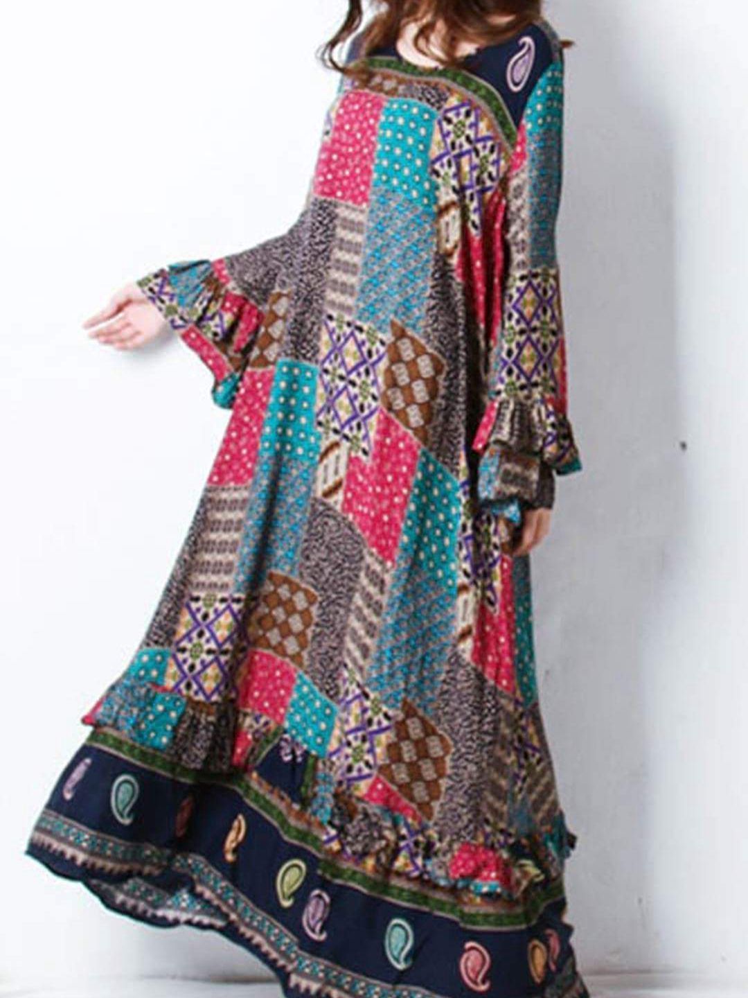 Bohemian Lotus Leaf Long Sleeve Print Loose Long Dress