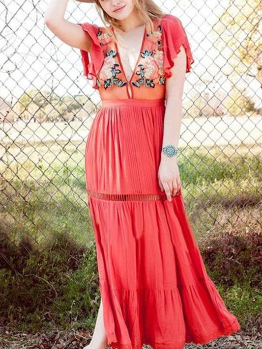 Bohemian High Waist Petal Sleeve Deep V Neck Maxi Dress