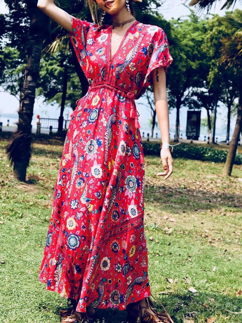 Floral V Neck Short Sleeve Bohemia Maxi Dress