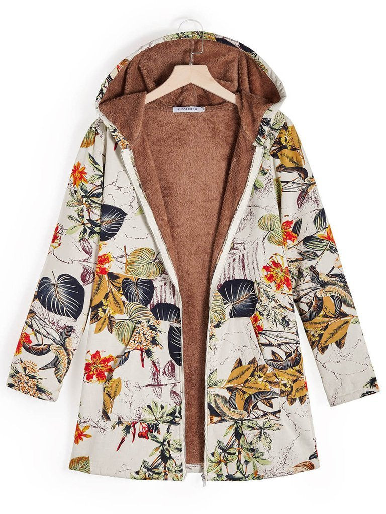 Retro Long Sleeve Leaves Floral Print Hoodie Outwear