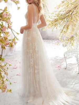 Sexy V Collar Lace Floral Embroidery Maxi Dress Evening Dresses