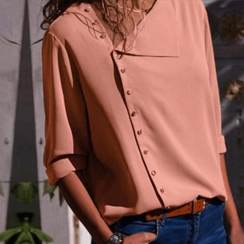 Casual Solid Color Irregular Diagonal Collar Button Long Sleeve Shirt