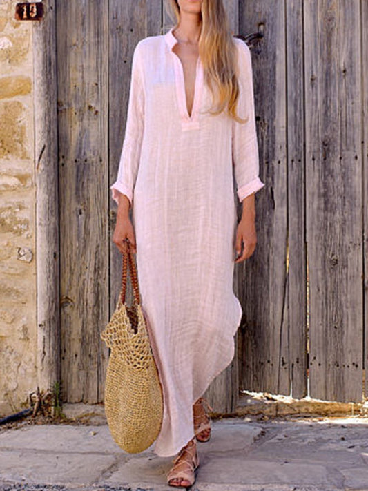Solid Color V Neck Long Sleeve Casual Maxi Dress