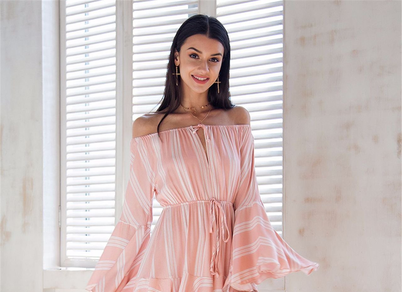 Off Shoulder Long Sleeve Embroidered Short Mini Dress