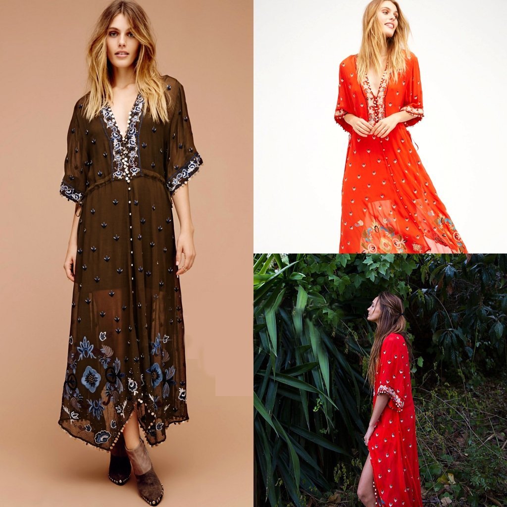 Print Embroidered V Neck Half Sleeve Button Maxi Dress