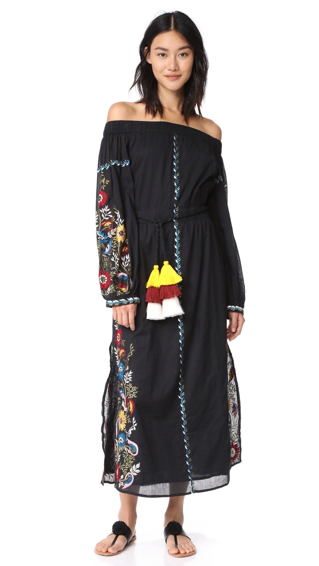 Shoulder-off Bohemian stripes heavy geometric embroidery tassels linen in the long section of the Black dress