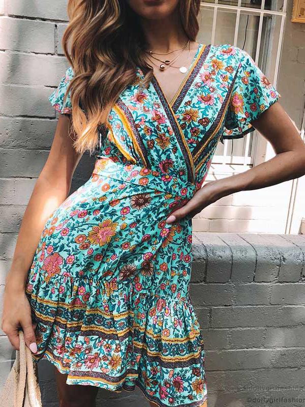 Boho V-neck Turquoise Floral Print Ruffles Mini Dress