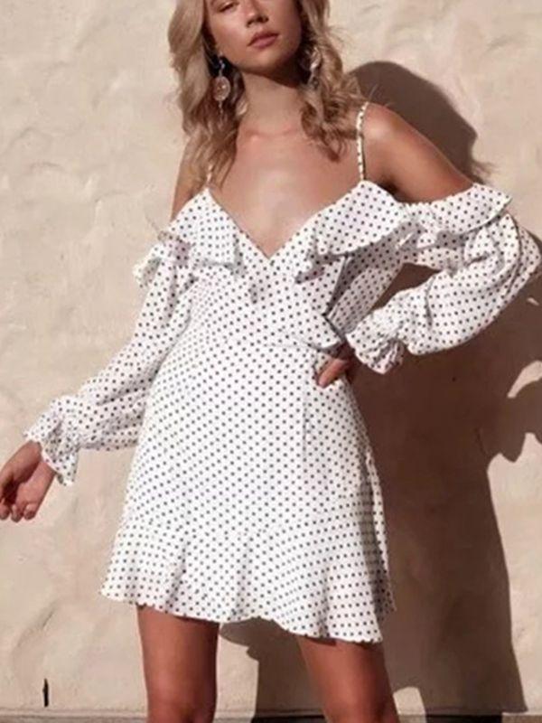 Sexy Deep V-neck Ruffled Sling Strapless Wave Print Dress