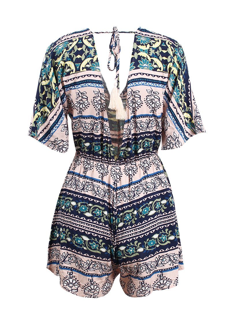 Print Deep V Neck Short Sleeve High Waist Jumpsuit Rompers