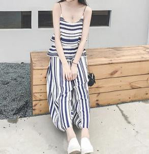Stripe Spaghetti Strap Tops High Waist Wide Leg Pants 2 Pieces Set