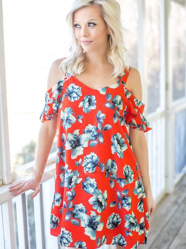 Popular Floral-Print Stripes Off-Shoulder Short Sleeve V Neck Mini Dress