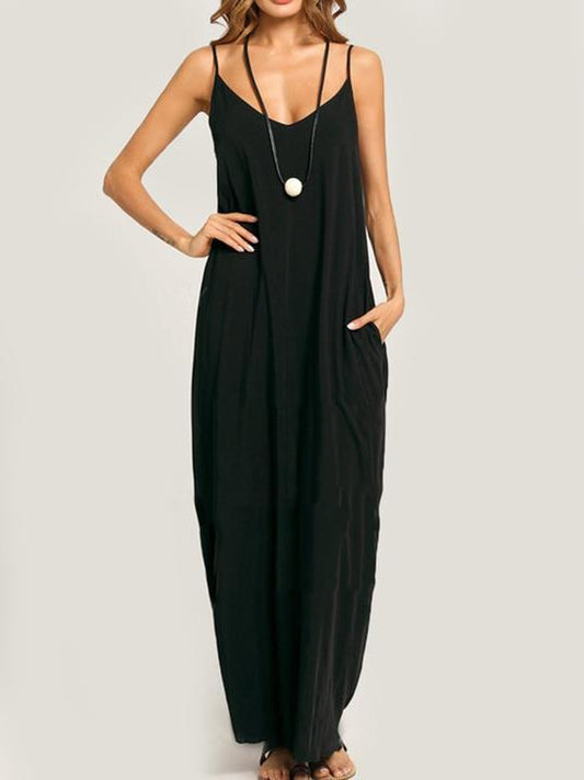 Summer Spaghetti Strap Pocket Plain Maxi Dress