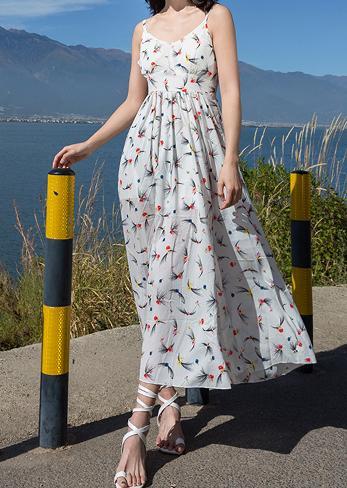 2018 New Floral Print Spaghetti Strap Split Chiffon Beach Maxi Dress