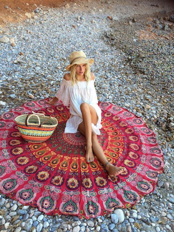 Peacock tail printed fringed beach towel sun shawl Variety scarf yoga cushion Mat