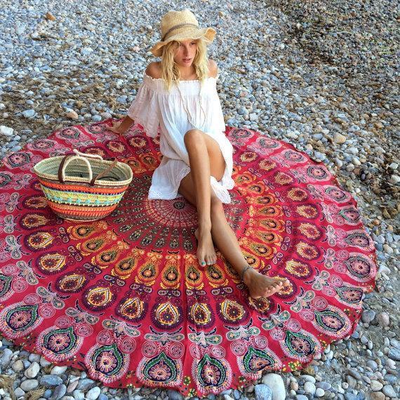 Peacock tail printed fringed beach towel sun shawl Variety scarf yoga cushion Mat