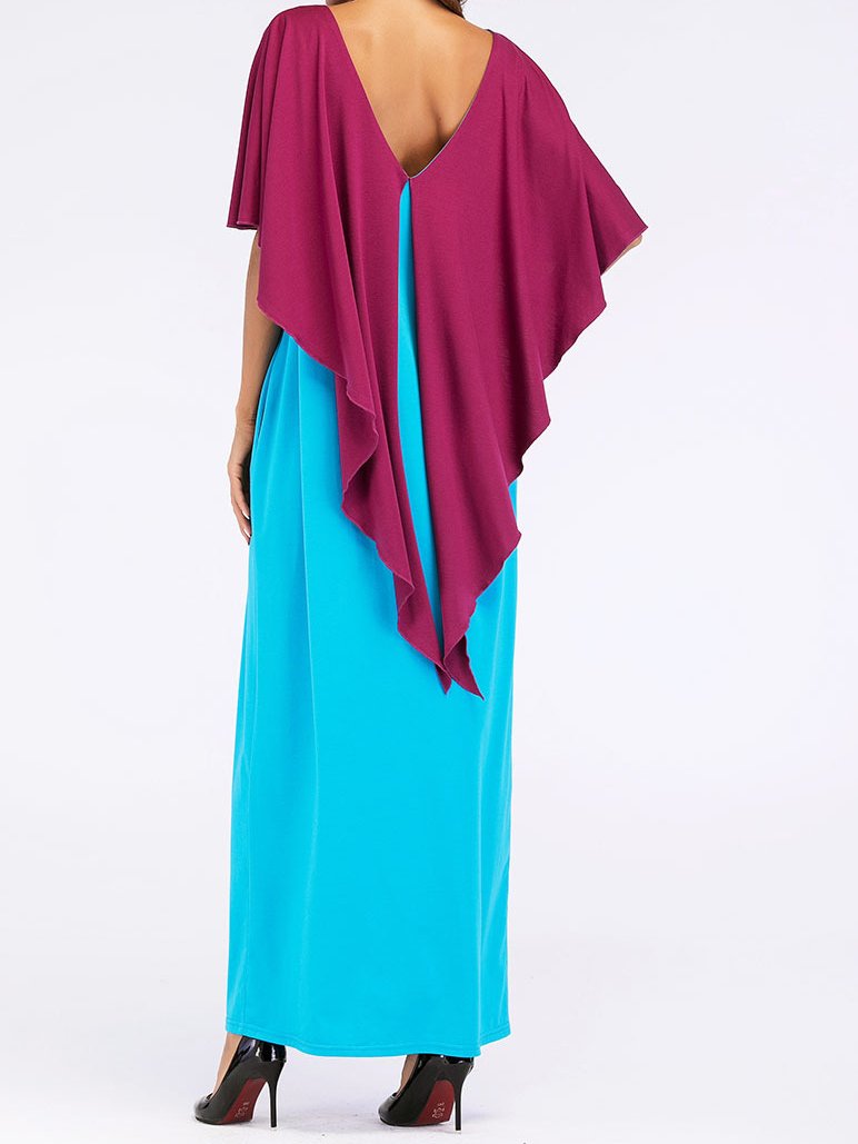 Fashion Contrast Color Asymmetry Cloak Patckwork Design Maxi Long Dress