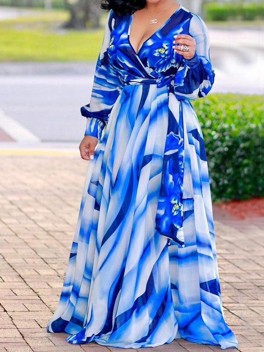 Elegant Chiffon Printed V Neck Long Sleeve Belted Maxi Long Dress