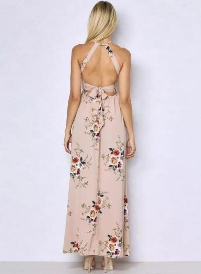 Sleeveless Polyester Halter Neck Floral Print Maxi Day Going Out Dress