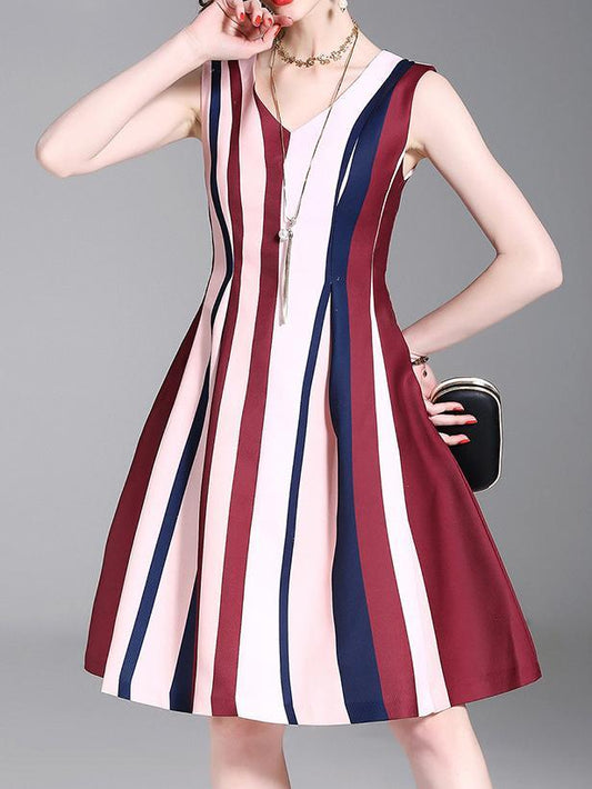 Stripe V Neck Sleeveless New Mini Dress