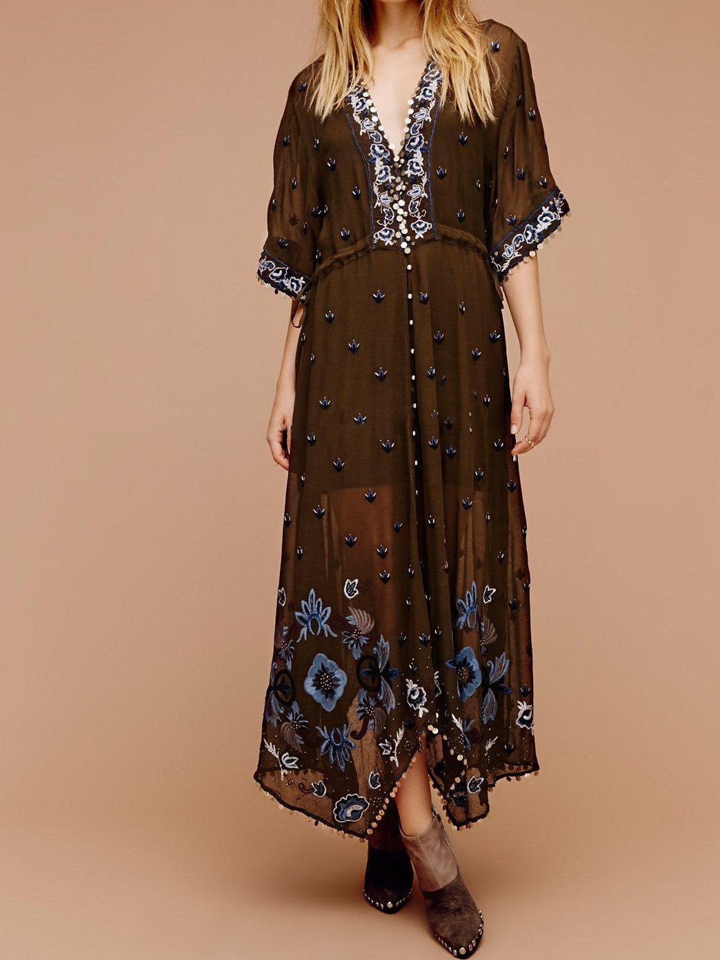 Print Embroidered V Neck Half Sleeve Button Maxi Dress