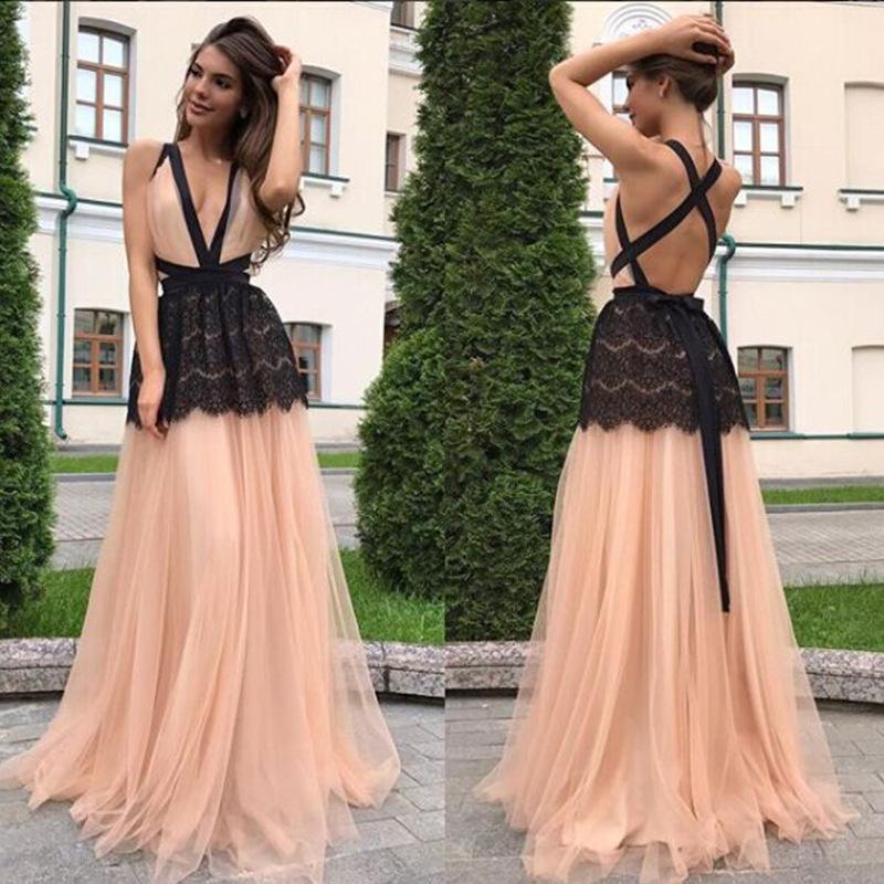 Deep V Neck Backless Splice Evening Maxi Dress