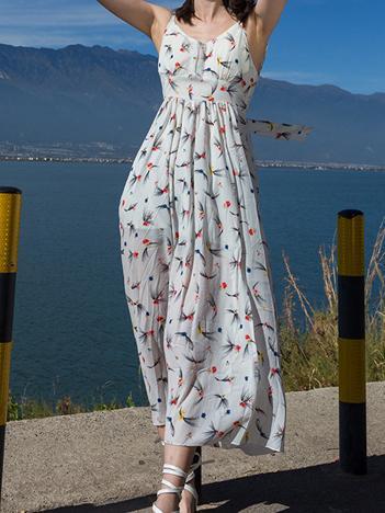 2018 New Floral Print Spaghetti Strap Split Chiffon Beach Maxi Dress