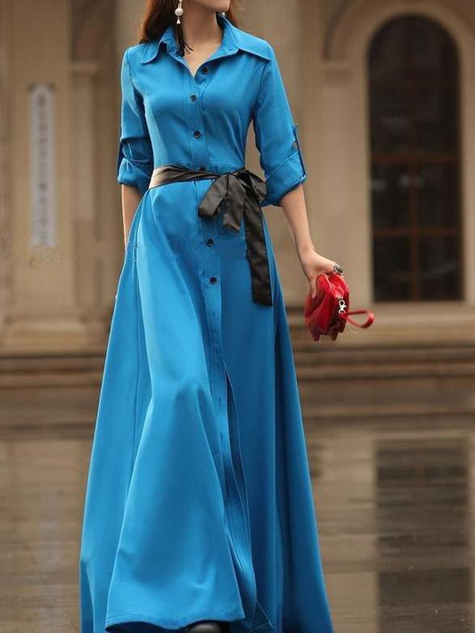 Lapel Neck Button Evening Gown Maxi Long Dress
