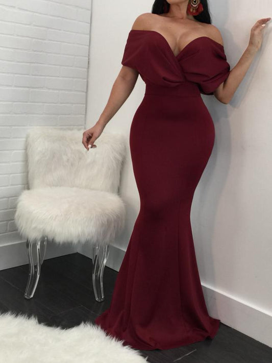Deep V Neck Off Shoulder Bodycon Solid Color Evening Maxi Dress