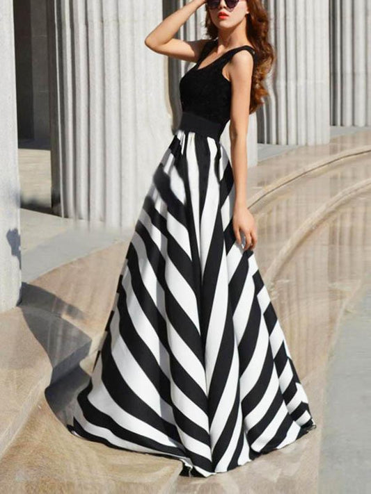 Striped Split-joint Sleeveless Evening Dress